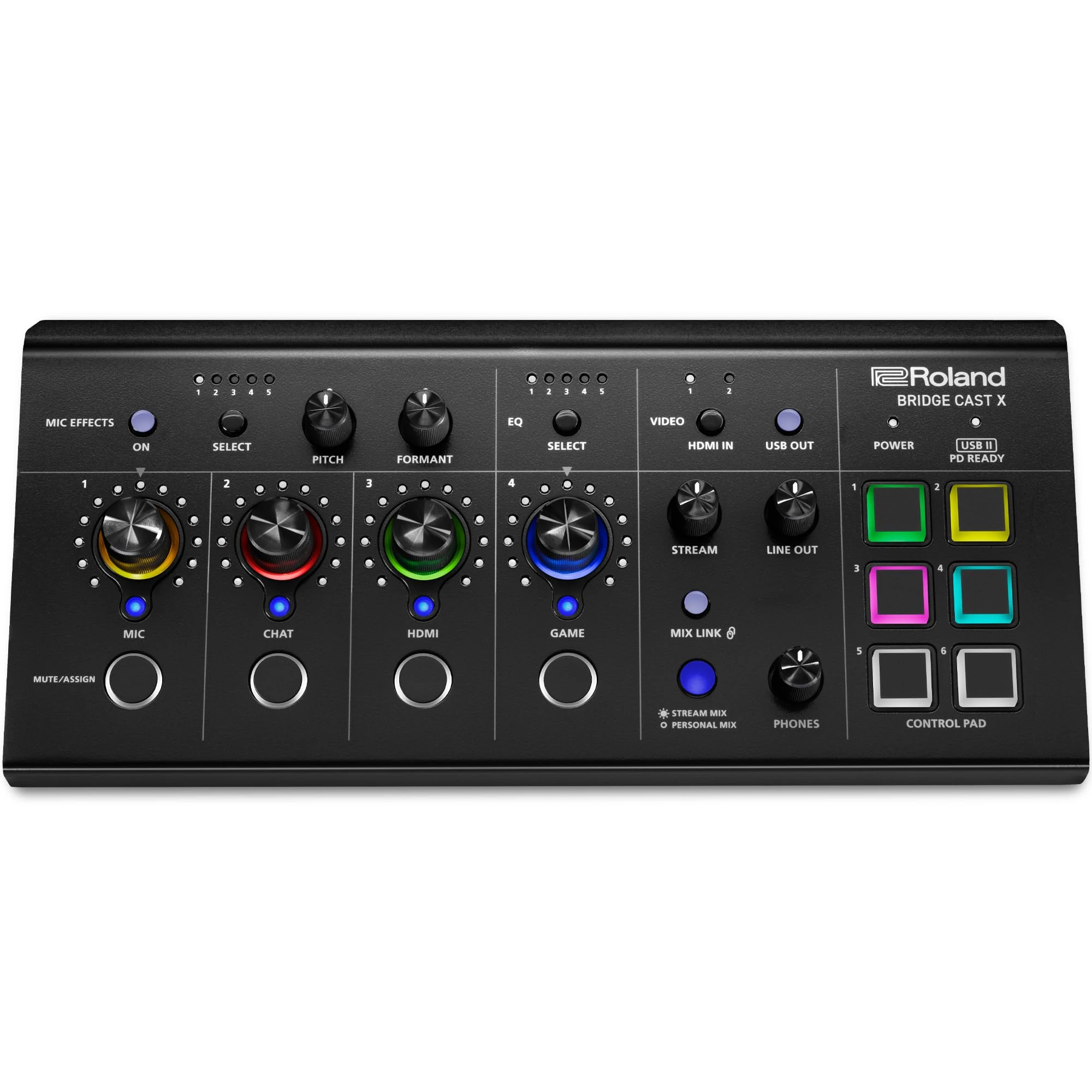 Roland BRIDGE CAST X Dual Bus Gaming Mixer & Video Capture Pro Audio Streaming Interface for Online Gamers & More 32-Bit Hardware DSP USB-C Windows and Mac Connectivity XLR Mic Support