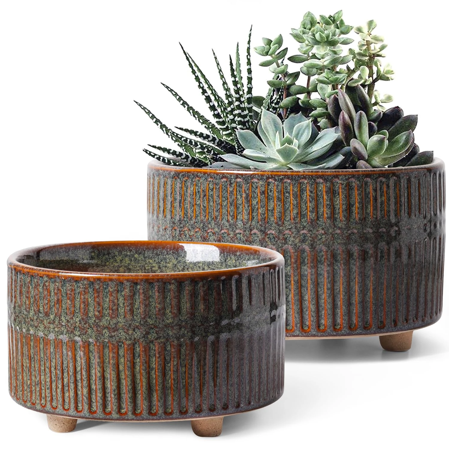 LE TAUCI Succulent Plant Pot, 16.5+20 cm Ceramic Indoor Plant Pots with Drainage Holes, Modern Cylindrical Decorative Bonsai Pot, Gifts for Mom, Set of 2, Reactive Glaze Black