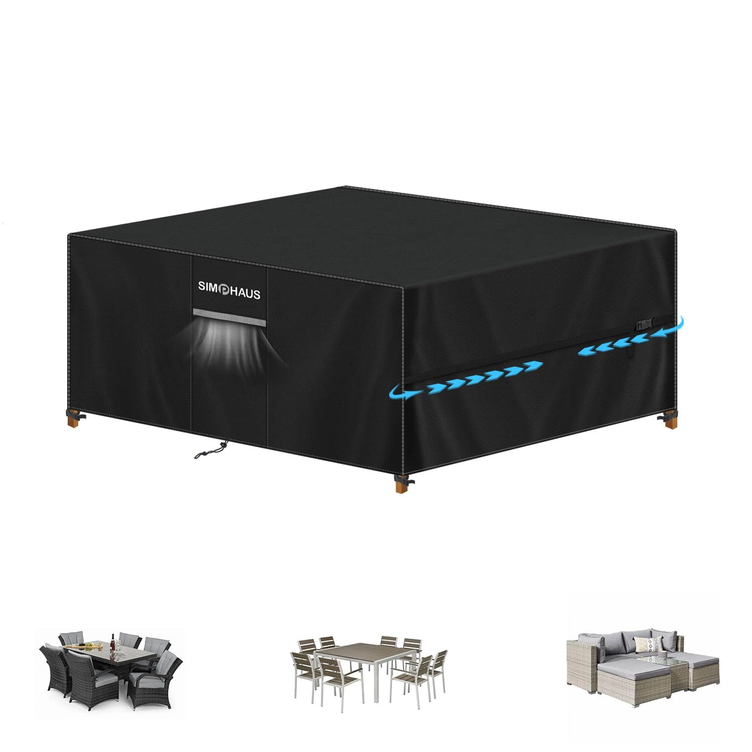 SIMPHAUS Garden Furniture Covers Waterproof,Garden Table Cover with Air Vent,Patio Furniture Covers 420D Oxford Polyester,Anti-UV Covers for Outside Garden Furniture,Sofa Set,Chair,Table 160x130x90cm