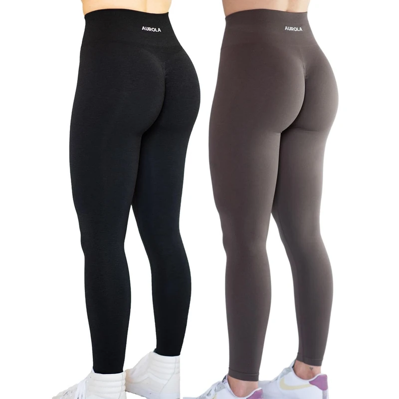AUROLA Workout Leggings for Women Seamless Scrunch Tights Tummy Control Gym Fitness Girl Sport Active Yoga Pants, Pack (Black+Chestnut Brown), S