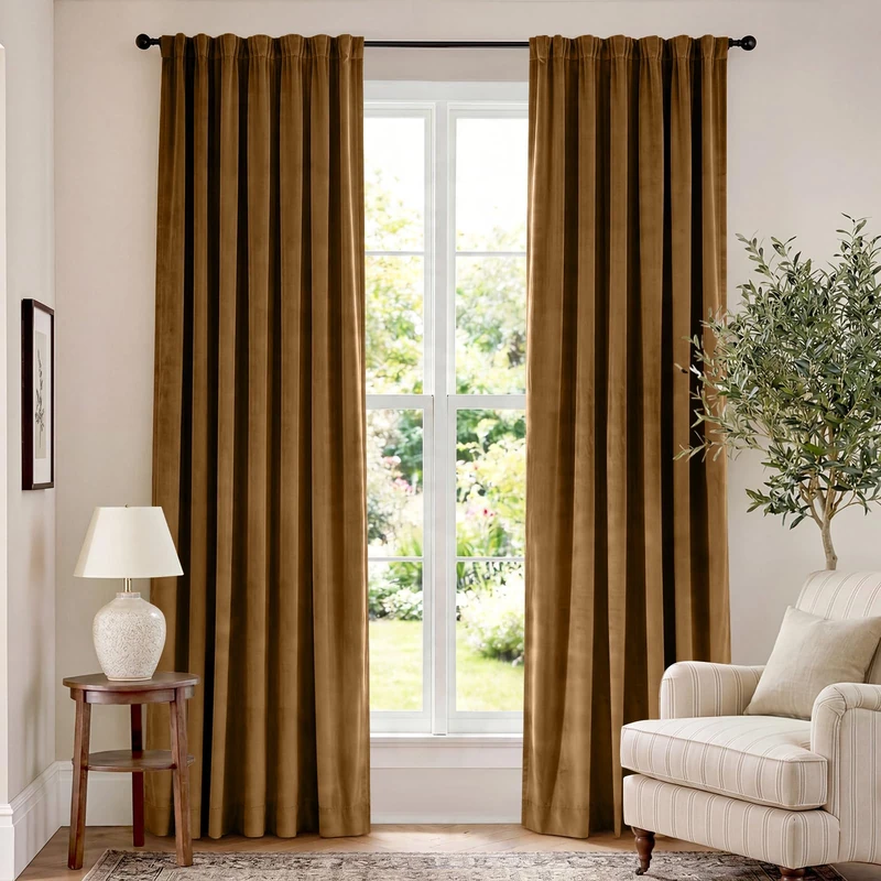 Lazzzy Velvet Blackout Curtains Thermal Insulated Room Window Drapes Super Soft Luxury Curtains for Living Room Bedroom Rod Pocket 2 Panels, Gold Brown, 62" W x 84" L