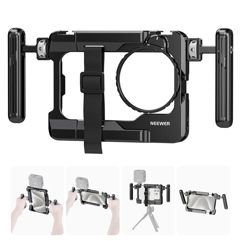 NEEWER Universal Smartphone Video Rig with Handles 67mm Filter Adapter Anti Drop Cold Shoe Compatible with DJI Mic iPhone Samsung Galaxy Android, Phone Cage Stabilizer for Video Recording, PA017