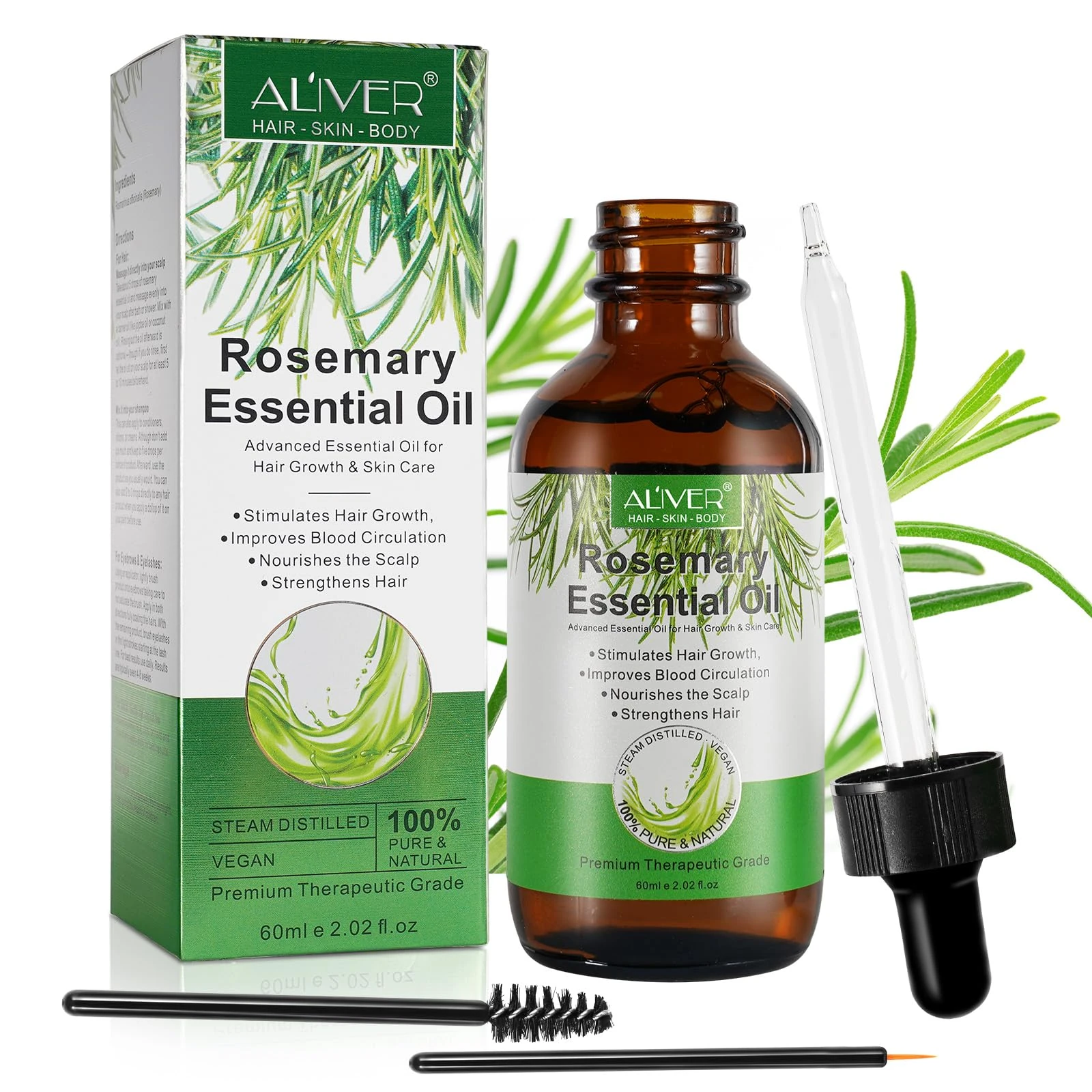 Organic Rosemary Oil for Hair Growth, 60ml Natural Organic Rosemary Essentia Oil, Pure Essential Oil for Skin & Hair Care, Eyelashs, Eyebrows, Face, Body Massage Oil, Hair Loss Treatment for Hair