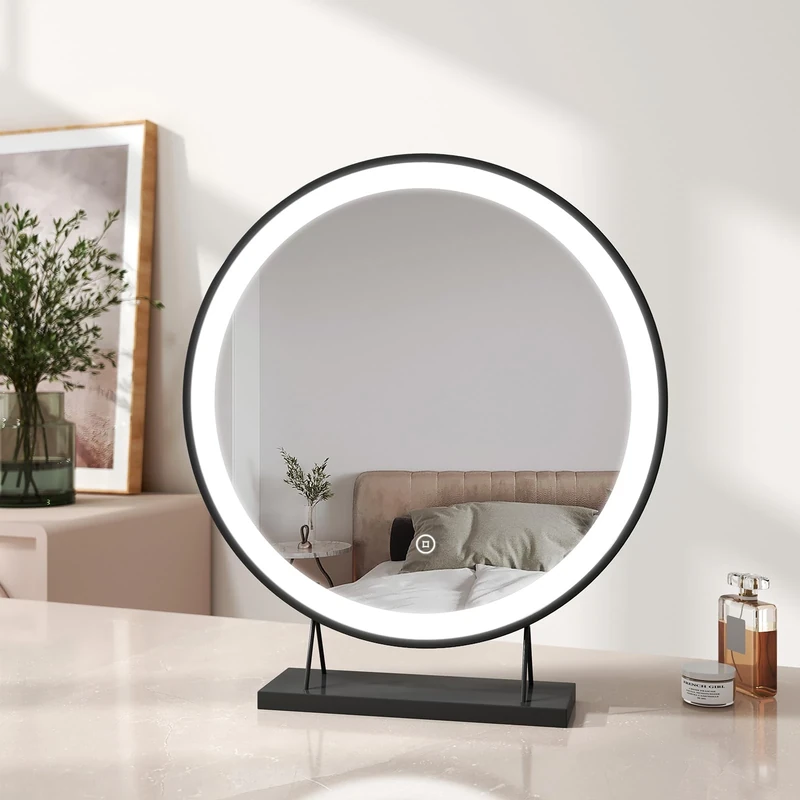 EMKE LED Hollywood Vanity Mirror, Round Makeup Mirror Touch Screen Cosmetic Mirror with Dimmable and Adjustable Brightness, Illuminated Hollywood Mirror (Φ480mm, Black)