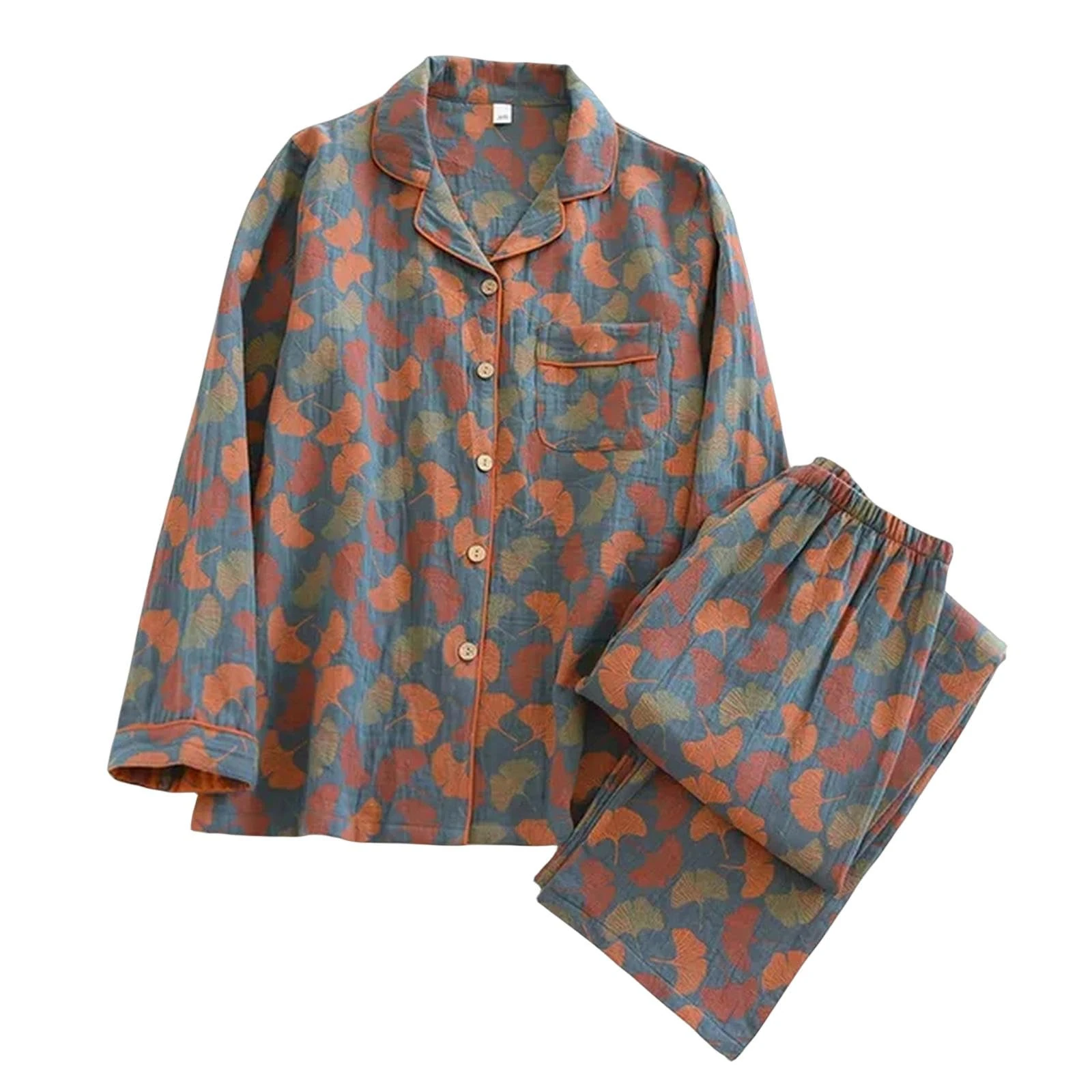 CBLdF Pyjamas for women Spring And Summer Women's Pajamas Suit Long-sleeved Trousers Two-piece Cotton Flower Leaves Home Clothes-e-xl