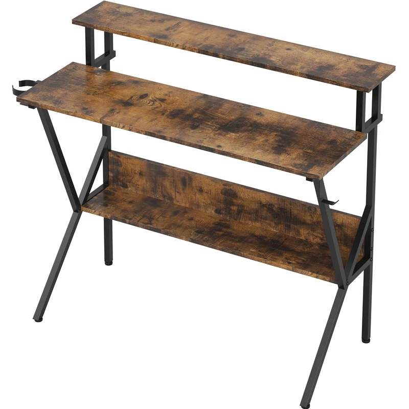 Sunon Home Office Computer Desk with Gaming Design K-Shaped, Monitor Stand and Storage Shelf, 120X50cm, Rustic Brown