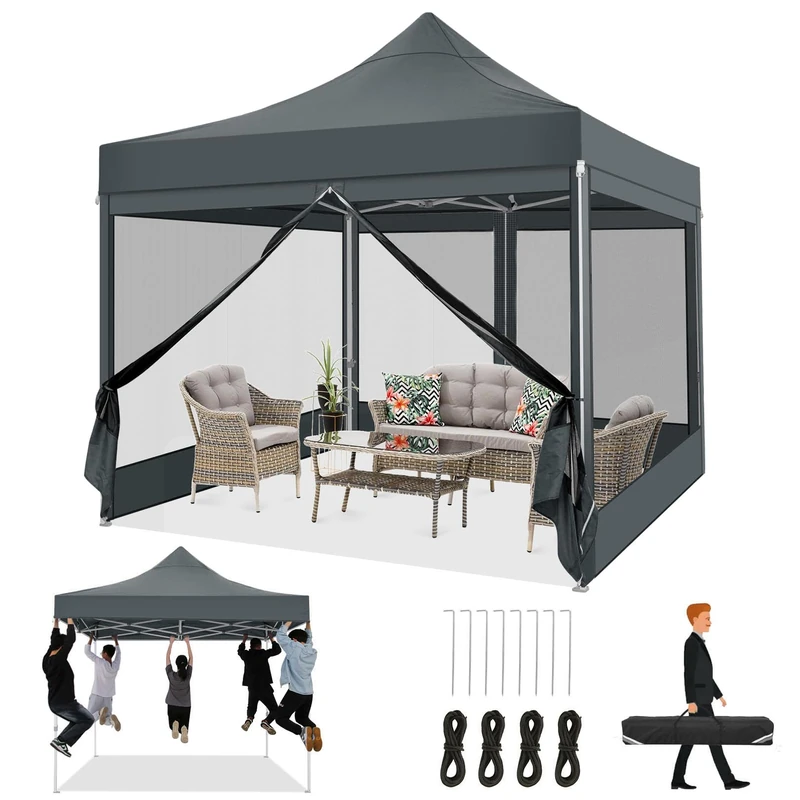 TOOLUCK 10x10 Pop Up Canopy Tent Heavy Duty Pop Up Canopy Tent with 4 Sidewalls, Commercial Gazebo with Screen Wall, Easy Set Up Party Tent for Garden, Patio, Garden, Grey