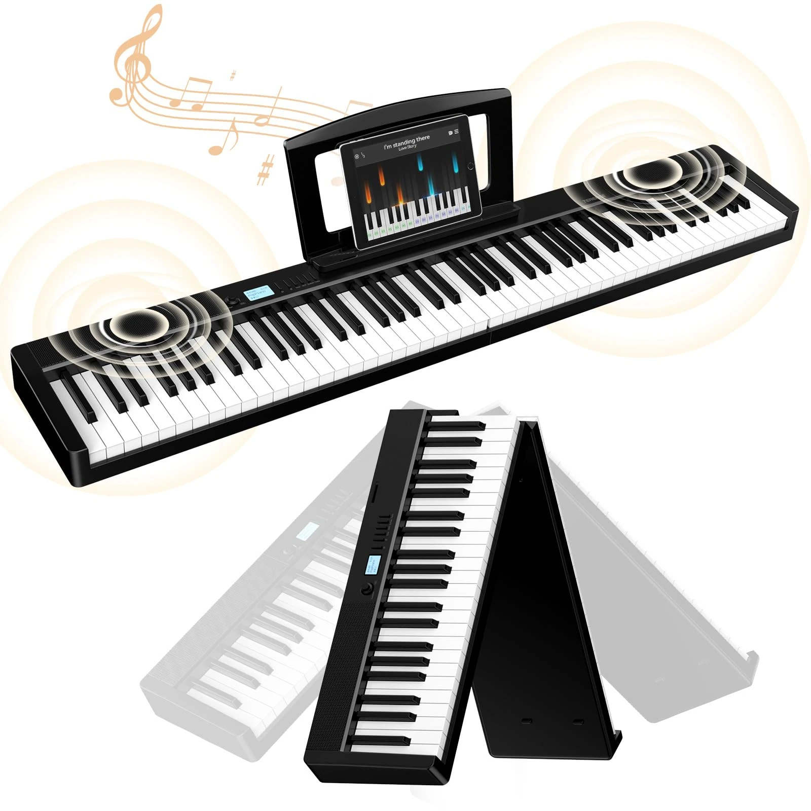 TERENCE Foldable Digital Piano 88 Semi-weighted Keys Full Size Electric Piano Keyboard with 1800mAh Rechargeable Battery 10W Speakers Display Function Keys Support MIDI Bluetooth Sticker Bag