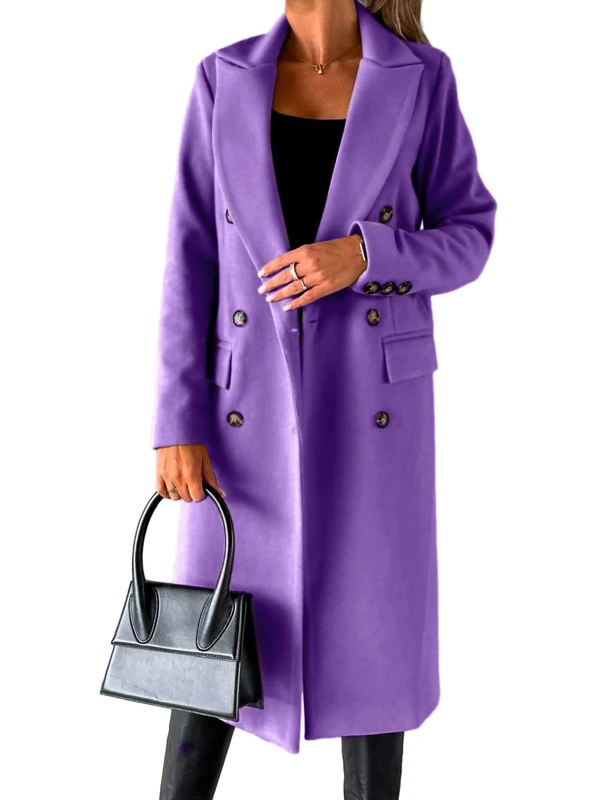 IDEALSANXUN Womens Long Wool Coat Double Breasted Trench Coat Fall Winter Clothes, Purple, Large