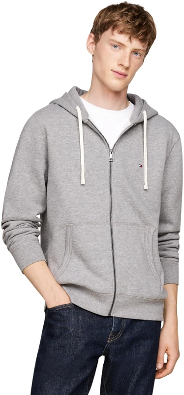 Tommy Hilfiger Men’s Essential Zip Through Fleece Hoodie with Pockets, Grey (Medium Grey Heather), S