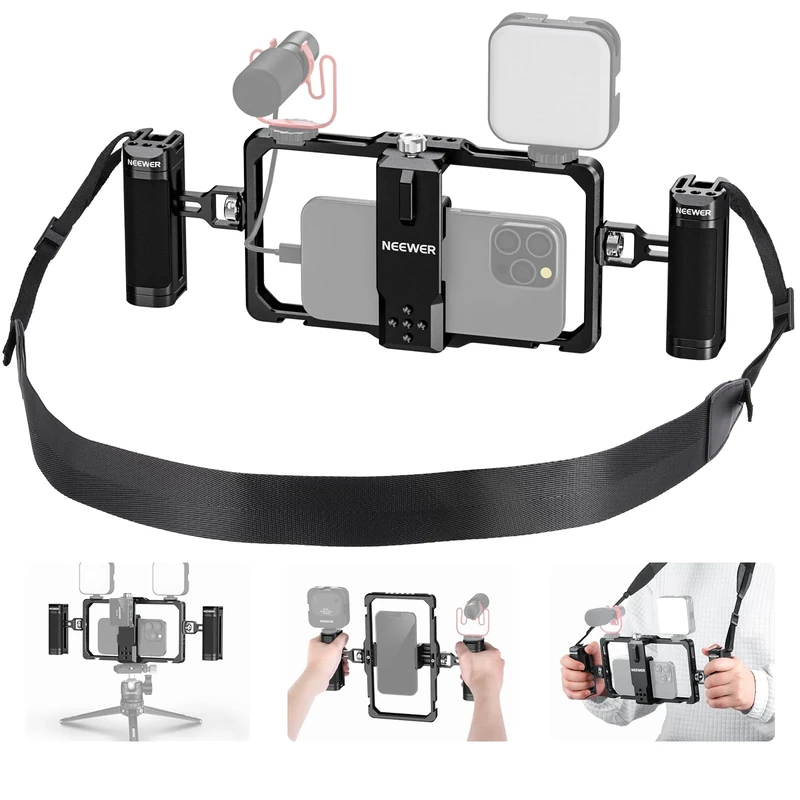 NEEWER Smartphone Video Rig with Neck Strap/Dual Handle/Lavalier Mic Clip Slot Compatible with SmallRig Video Recording Phone Cage Stabilizer for iPhone 16 15 Pro Max Galaxy S23 Pixel 8 Pro, PA009S