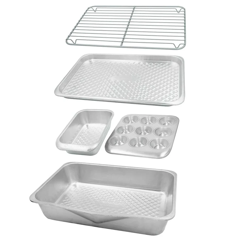 MasterClass Recycled Aluminum 5pc Baking Set, Stacking Bakeware Set with Roaster, Muffin Pan, 2lb Loaf Tin, Baking Tray & Wire Cooking Rack, Silver