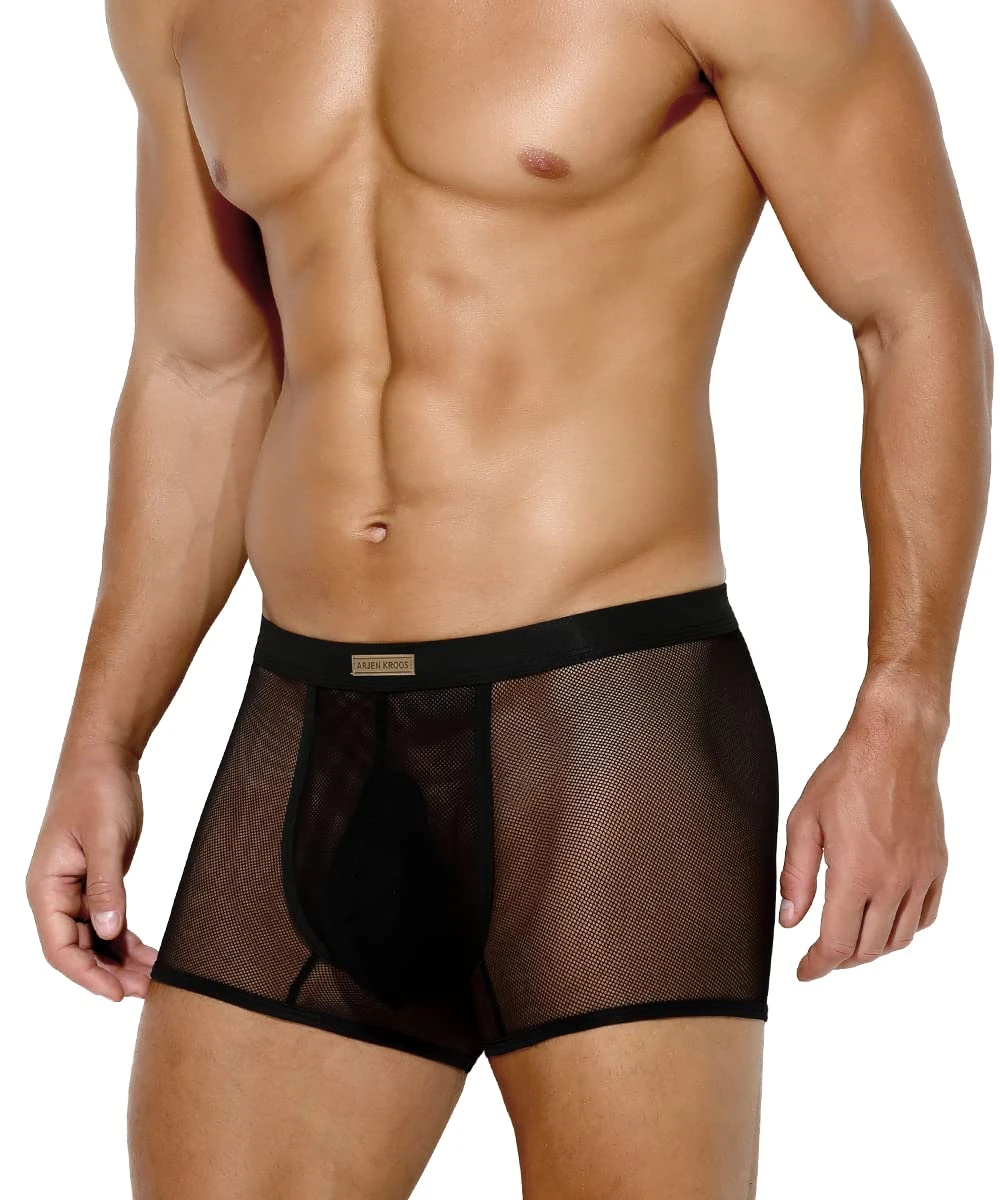 Casey Kevin Men Sexy Mesh Boxer Briefs Stretch Breathable Shorts Hipsters Trunk Underwear,BLACK-L