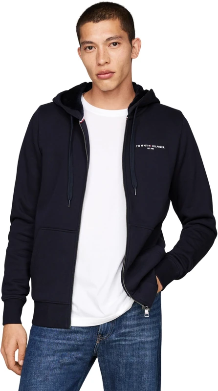 Tommy Hilfiger Men’s Logo Fur Lined Zipped Hoodie with Pockets, Blue (Desert Sky), S