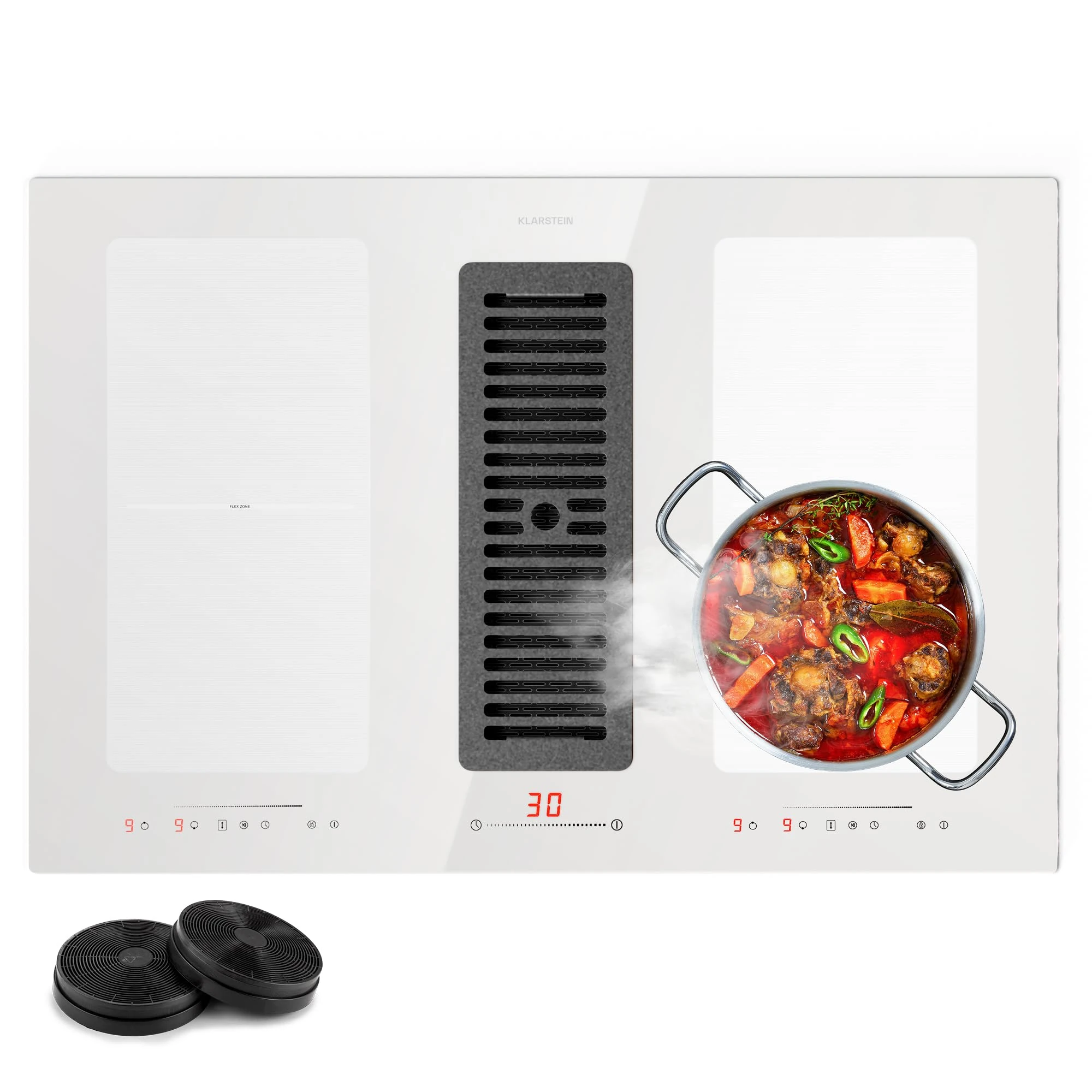 Klarstein 2-in-1 Electric Induction Hob & Kitchen Extractor Fan for Kitchen Islands, Steel Fan 391m³/h Airflow, Touch Control Induction Cooker Hoods, Flex Zone Ceramic Hob, Energy Class A+ Cooker Hood