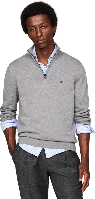 Tommy Hilfiger Men’s Mock Neck Half Zip Jumper, Grey (Medium Grey Heather), XXL