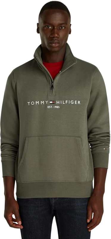 Tommy Hilfiger Men’s Logo Mock Neck Zipped Logo Sweatshirt with Kangaroo Pocket, Green (Battle Green), S