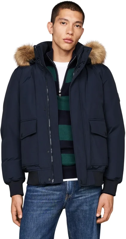 Tommy Hilfiger Men’s Rockie Down Bomber Jacket with Detachable Hood, Blue (Desert Sky), L