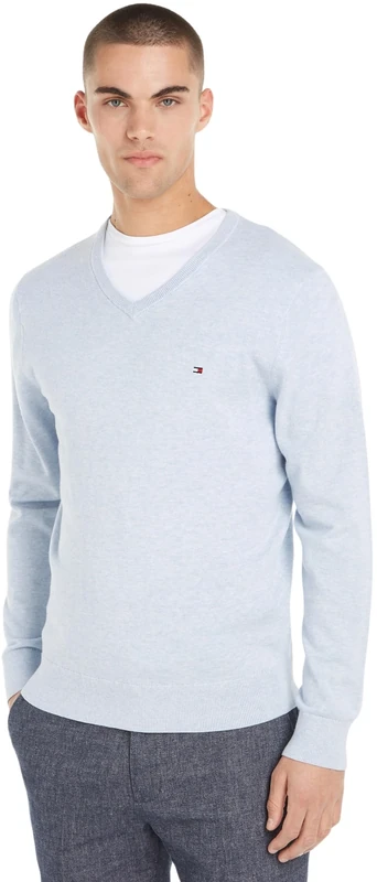 Tommy Hilfiger Men’s V-Neck Essential Cotton Jumper, Blue (Vessel Blue Heather), S