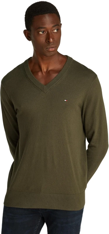 Tommy Hilfiger Men’s V-Neck Regular Fit Jumper, Multicolor (Army Green), S