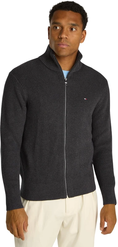 Tommy Hilfiger Men’s Cotton Rib Cardigan with Zip, Grey (Dark Grey Heather), S