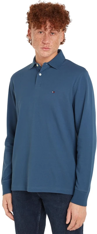 Tommy Hilfiger Men’s Long Sleeve Regular Fit Polo Shirt with Button Placket, Blue (Aegean Sea), S