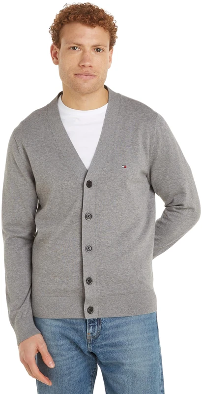 Tommy Hilfiger Men’s Essential Cotton Cardigan with Button Placket, Grey (Medium Grey Heather), 3XL