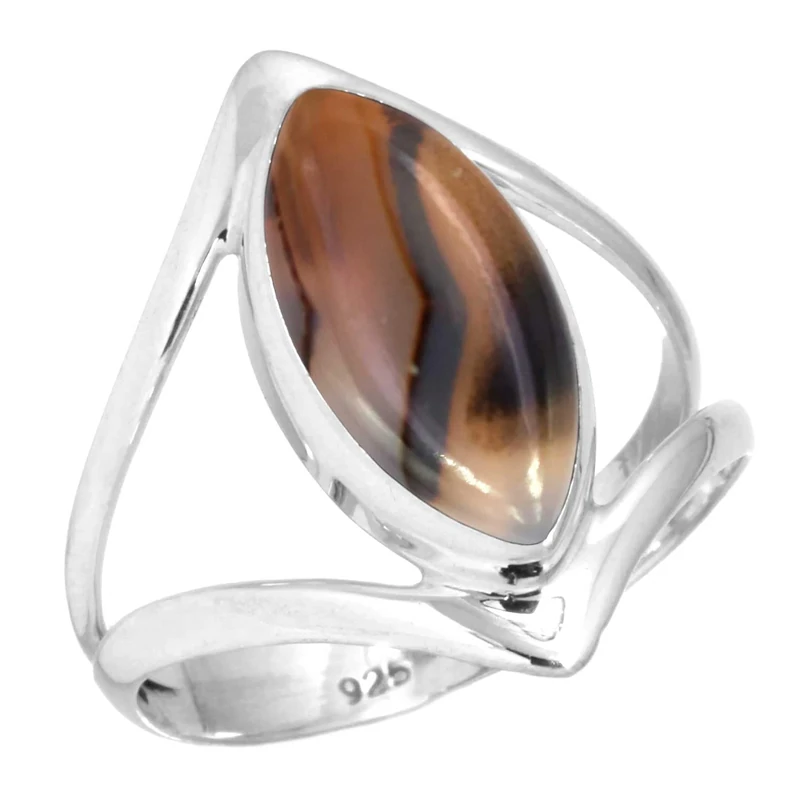 Jeweloporium Multicolor Montana Agate Silver Ring Size L 1/2, 925 Sterling Silver Ring for Women, Real Marquise Stone Boho Jewellery