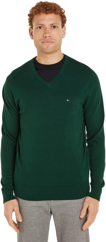 Tommy Hilfiger Men’s V-Neck Essential Cotton Jumper, Green (Ornamental Green), S
