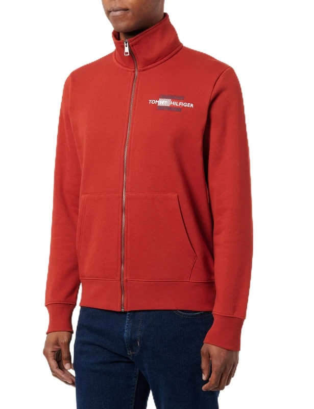Tommy Hilfiger Men’s Flag Embroidery Stand Collar Zipped Sweatshirt, Red (Dark Magma), L