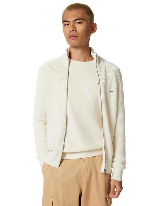 Tommy Hilfiger Men’s Cotton Rib Cardigan with Zip, Off-White (Ivory), S