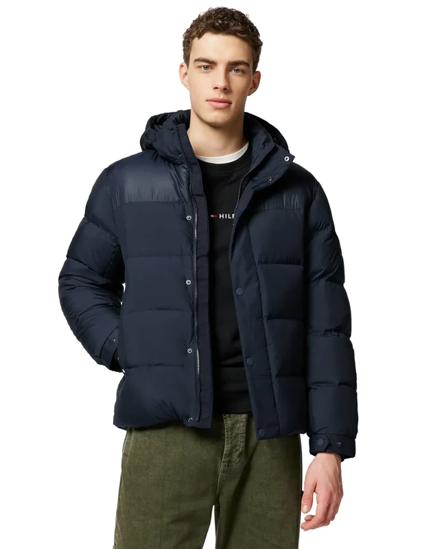 Tommy Hilfiger Men’s Mix Down Hooded Puffer Jacket, Blue (Desert Sky), L
