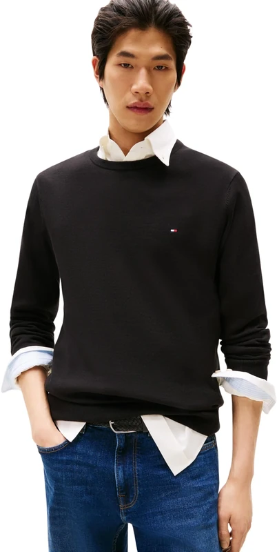 Tommy Hilfiger Men’s Essential Cotton Crew Neck Jumper, Black (Black), XXL