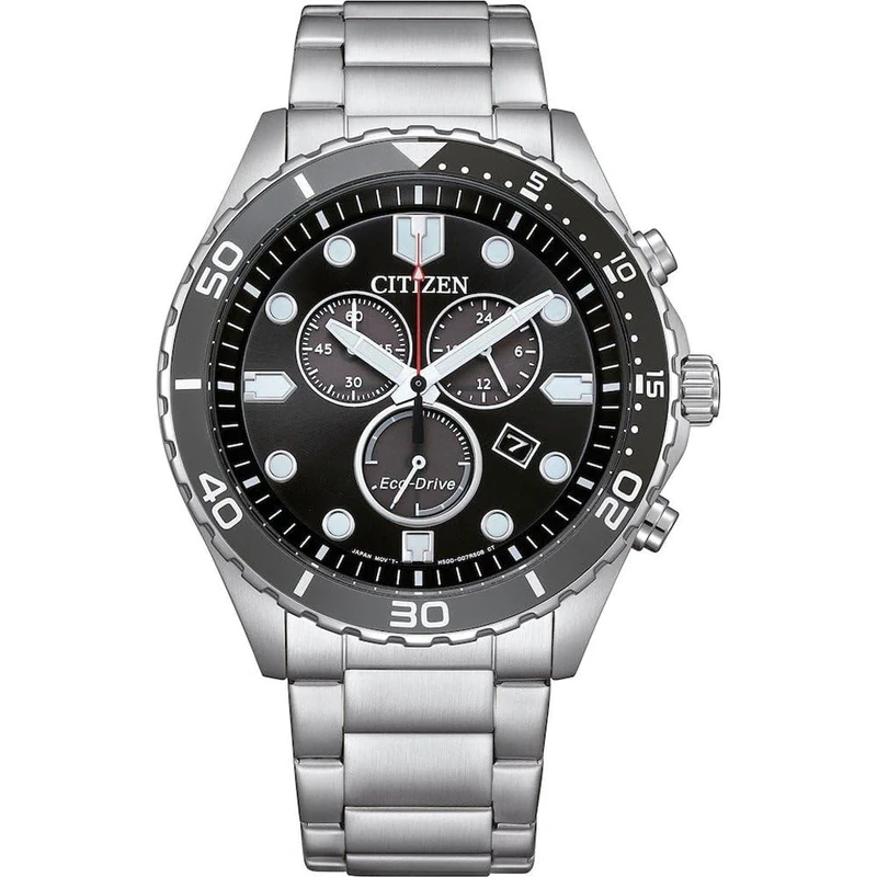 Citizen Men's Solar Chronograph Watch AT2568-82E, Stainless Steel, Round, Black Dial, 43mm Diameter, 100m Waterproof, Solar Powered