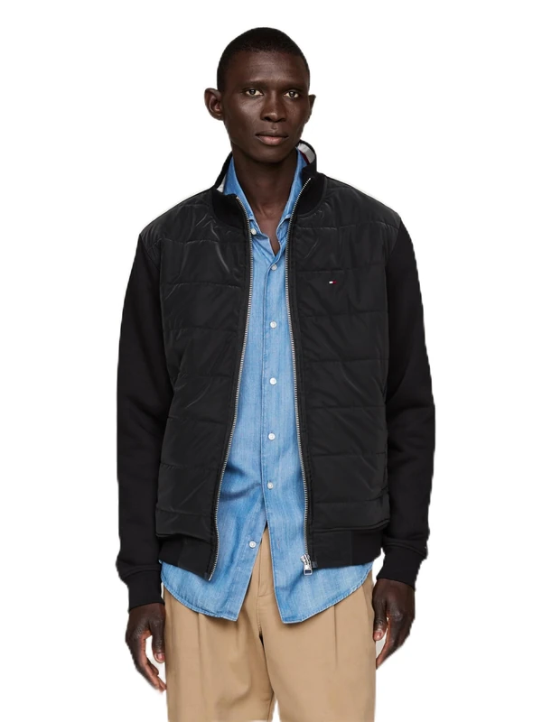 Tommy Hilfiger Men’s Mix Media Zip Through Stand Collar Sweatshirt, Black (Black), 3XL