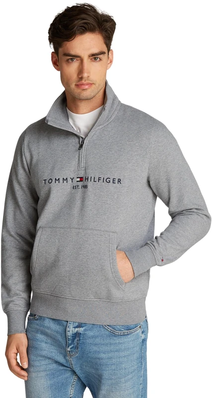 Tommy Hilfiger Men’s Logo Mock Neck Zipped Logo Sweatshirt with Kangaroo Pocket, Grey (Medium Grey Heather), 3XL