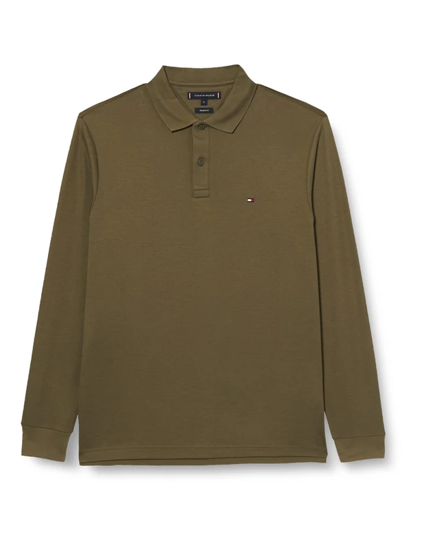 Tommy Hilfiger Men’s Long Sleeve Liquid Cotton Regular Fit Polo Shirt, Multicolor (Army Green), 3XL