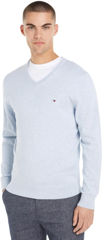 Tommy Hilfiger Men’s V-Neck Essential Cotton Jumper, Blue (Vessel Blue Heather), XS