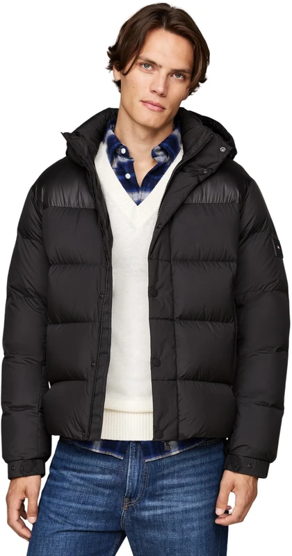 Tommy Hilfiger Men’s Mix Down Hooded Puffer Jacket, Black (Black), XXL