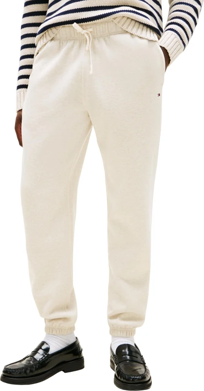 Tommy Hilfiger Men’s Essential Fleece Drawstring Joggers, Beige (Heathered Oatmilk), M