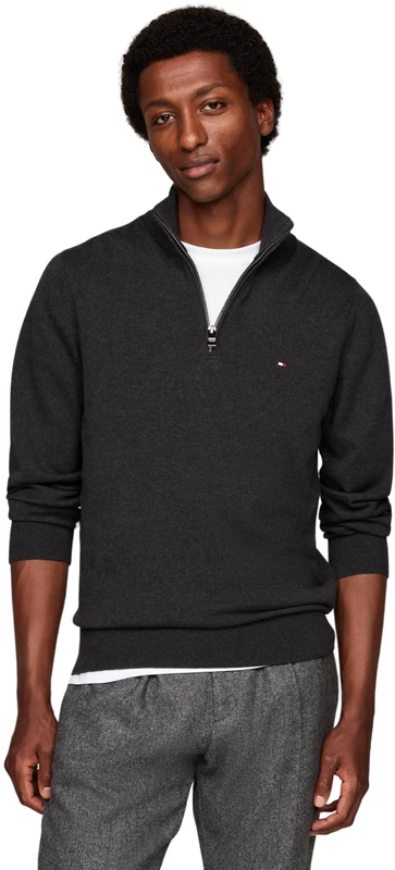 Tommy Hilfiger Men’s Mock Neck Regular Fit Jumper with Zip, Grey (Dark Grey Heather), S