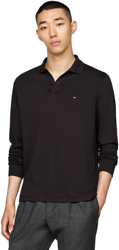 Tommy Hilfiger Men’s Long Sleeve Liquid Cotton Regular Fit Polo Shirt, Black (Black), S