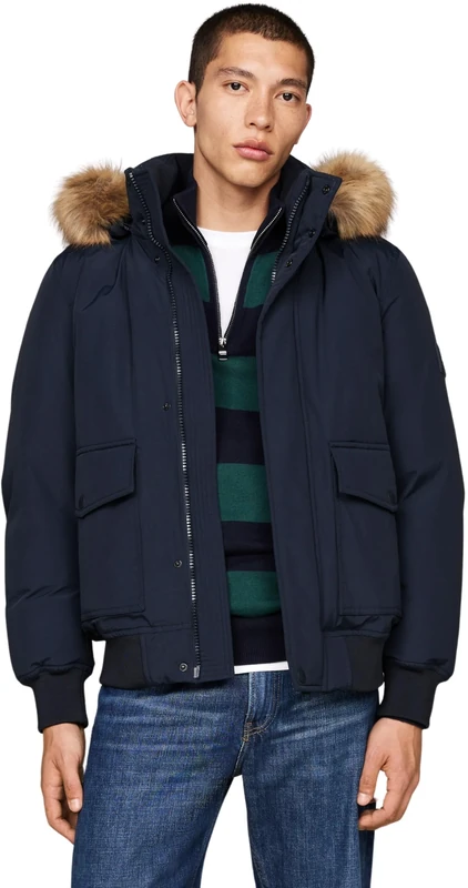 Tommy Hilfiger Men’s Rockie Down Bomber Jacket with Detachable Hood, Blue (Desert Sky), S