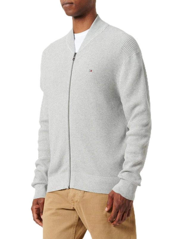 Tommy Hilfiger Men’s Structure Baseball Zip Through Cardigan Without Hood, Grey (Light Grey Heather), S