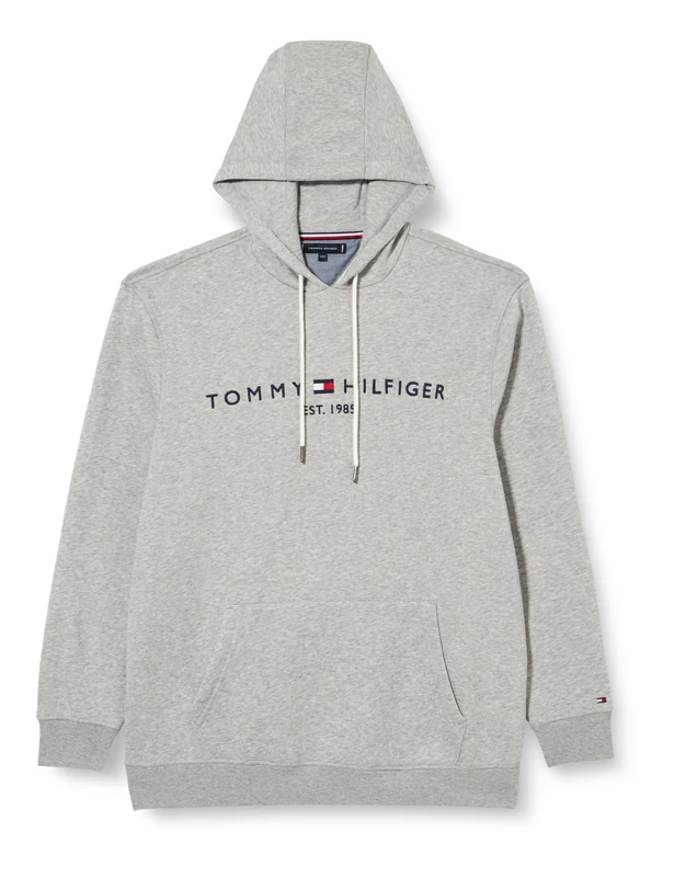Tommy Hilfiger Men’s Logo Hoodie with Kangaroo Pocket, Grey (Light Grey Heather), XXL