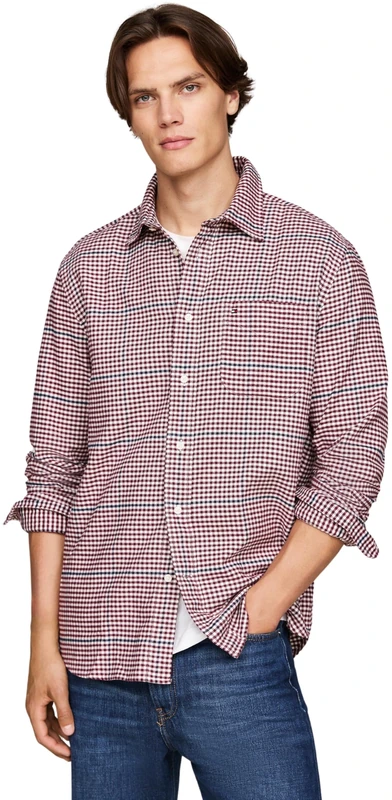 Tommy Hilfiger Men’s Long Sleeve Brushed Gingham Overcheck Cotton Shirt with Breast Pocket, Multicolor (Deep Rouge/Multi), M