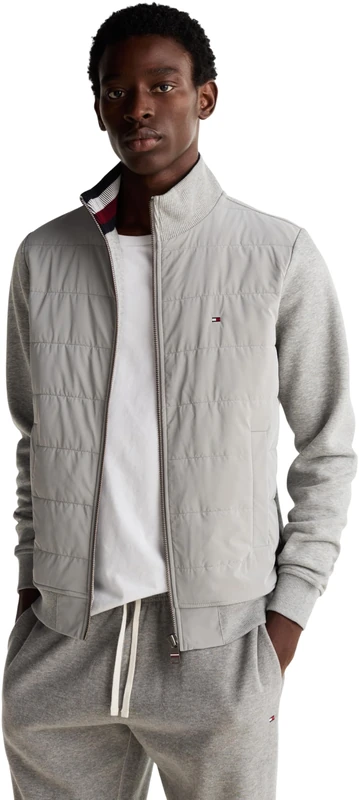 Tommy Hilfiger Men’s Mix Media Zip Through Stand Collar Sweatshirt, Grey (Light Grey Heather), M