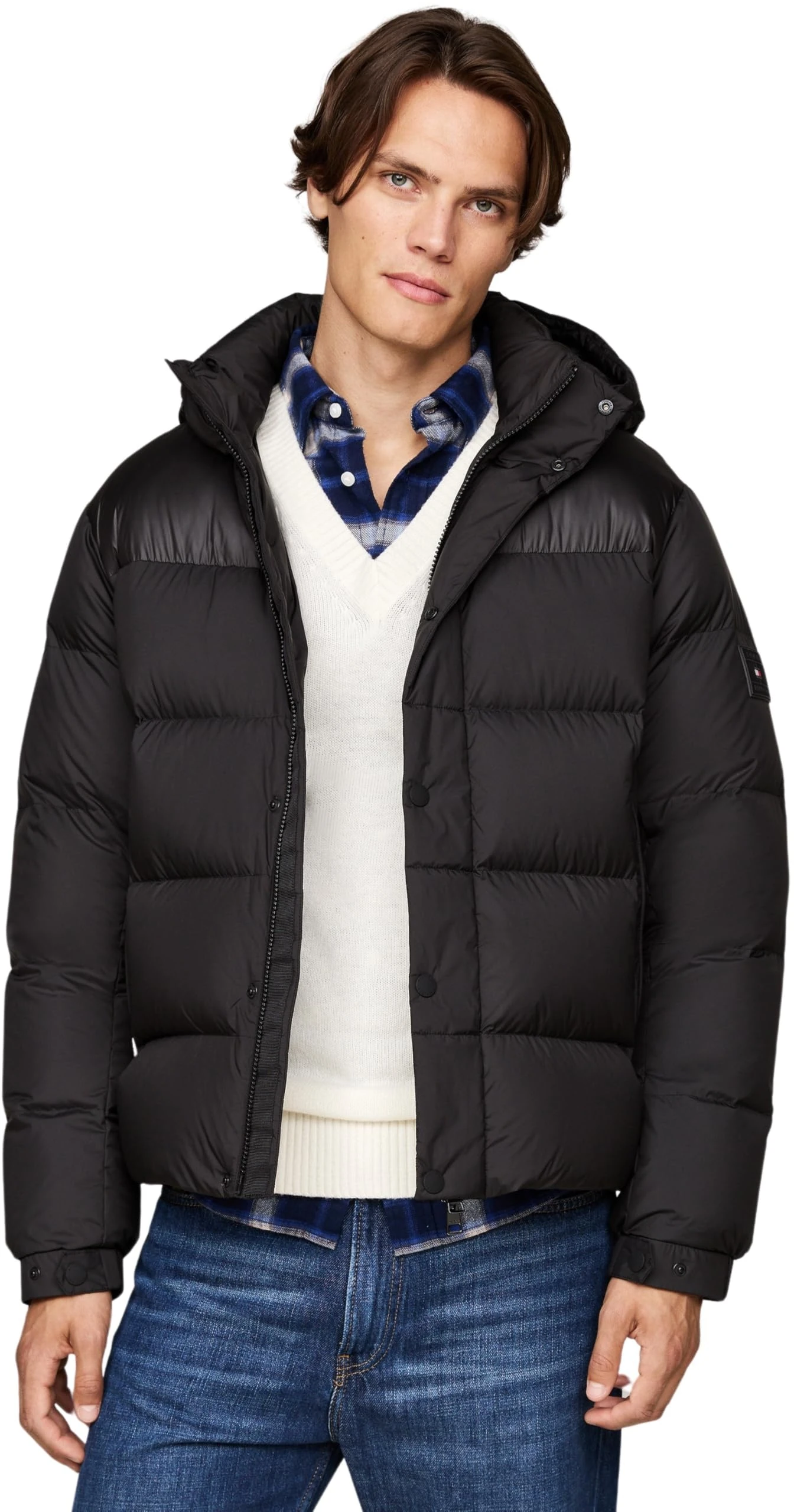 Tommy Hilfiger Men’s Mix Down Hooded Puffer Jacket, Black (Black), XL