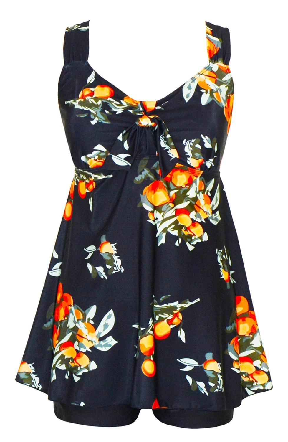 DANIFY Plus Size Swimsuit for Women Tankini Swimdress Tummy Control Swimwear Two Piece Bathing Suit with Shorts, Black Orange, 14