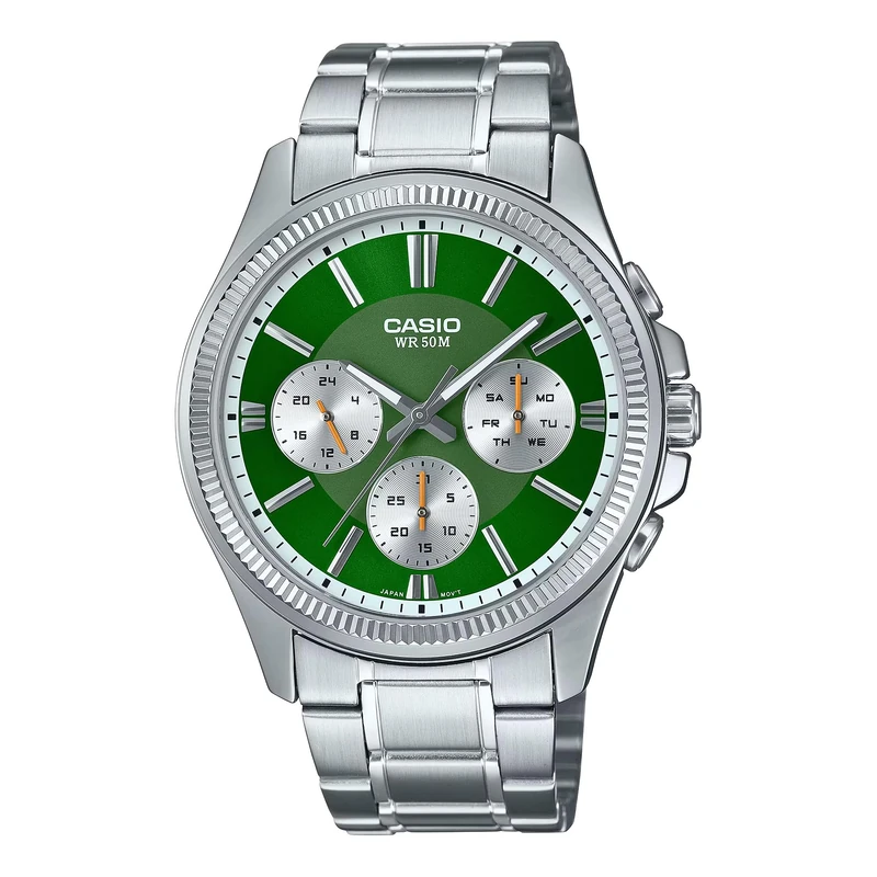 Casio Watch for Men, Silver/Green, Classic - Image 1